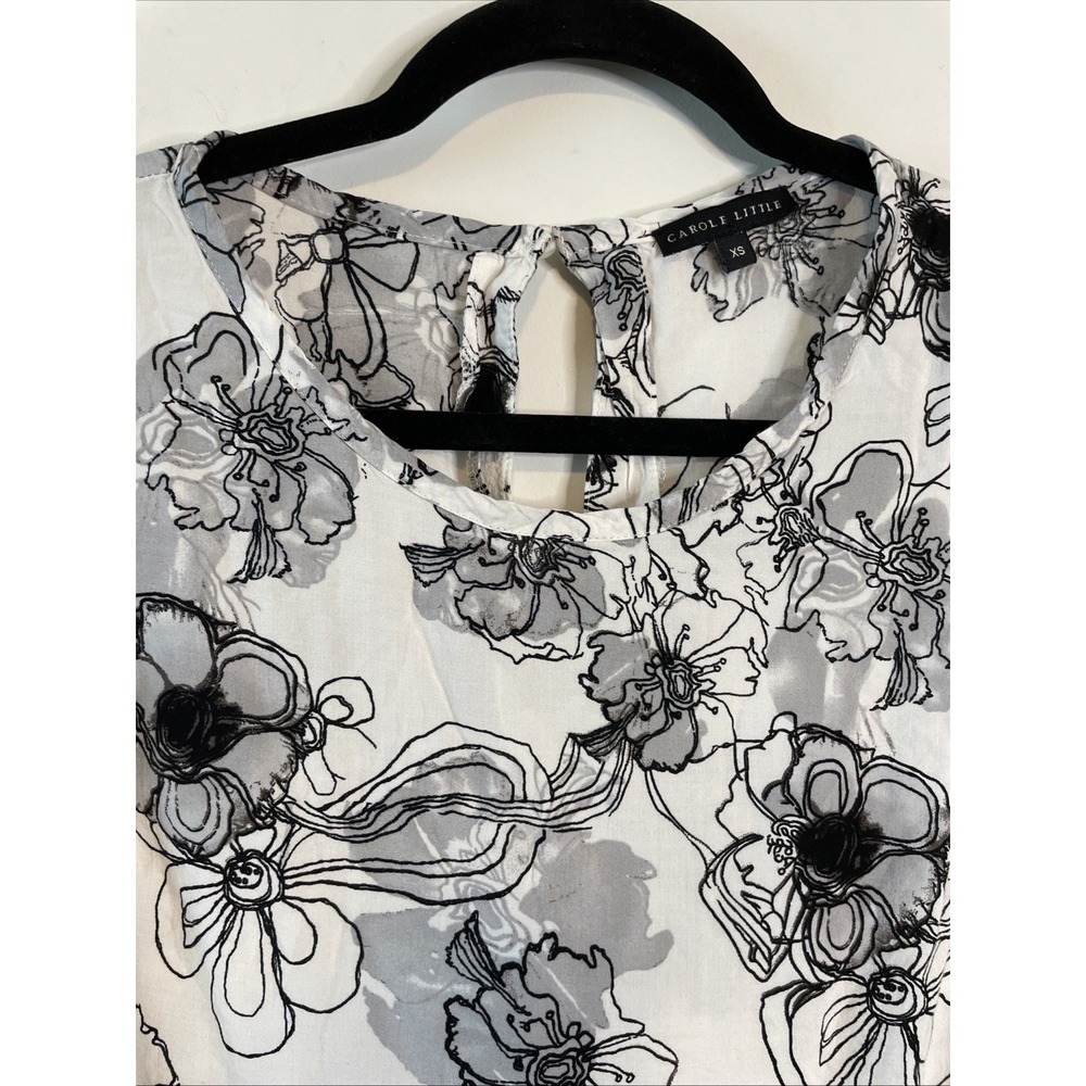 Vintage Carole Little XS Ivory Black Floral Rayon Cap Sleeve Blouse Career Top - Picture 4 of 12